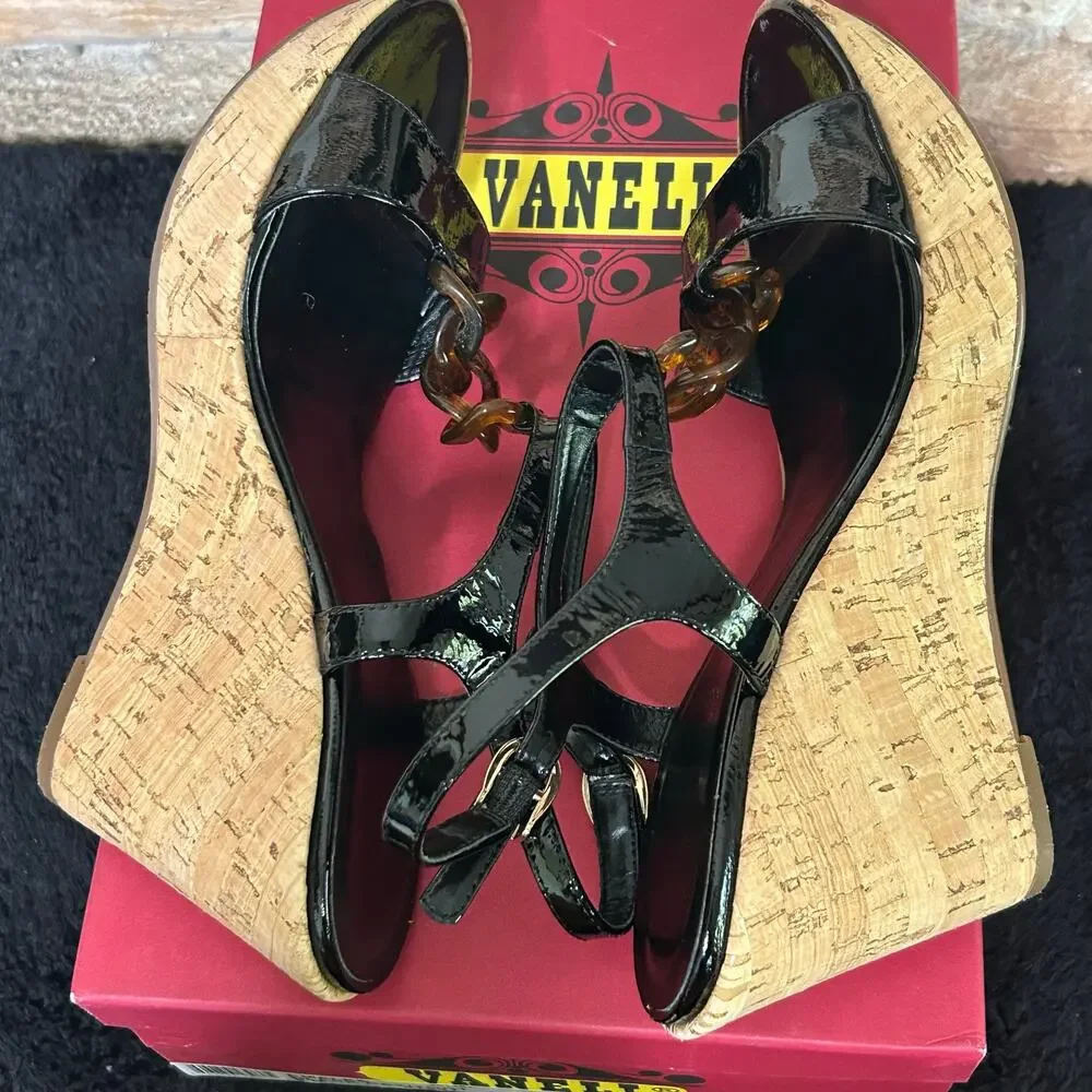 Vaneli Emalee Black Patent Ankle Strap Cork Wedge Peep Toe Sandals Sz 8 - Picture 10 of 11